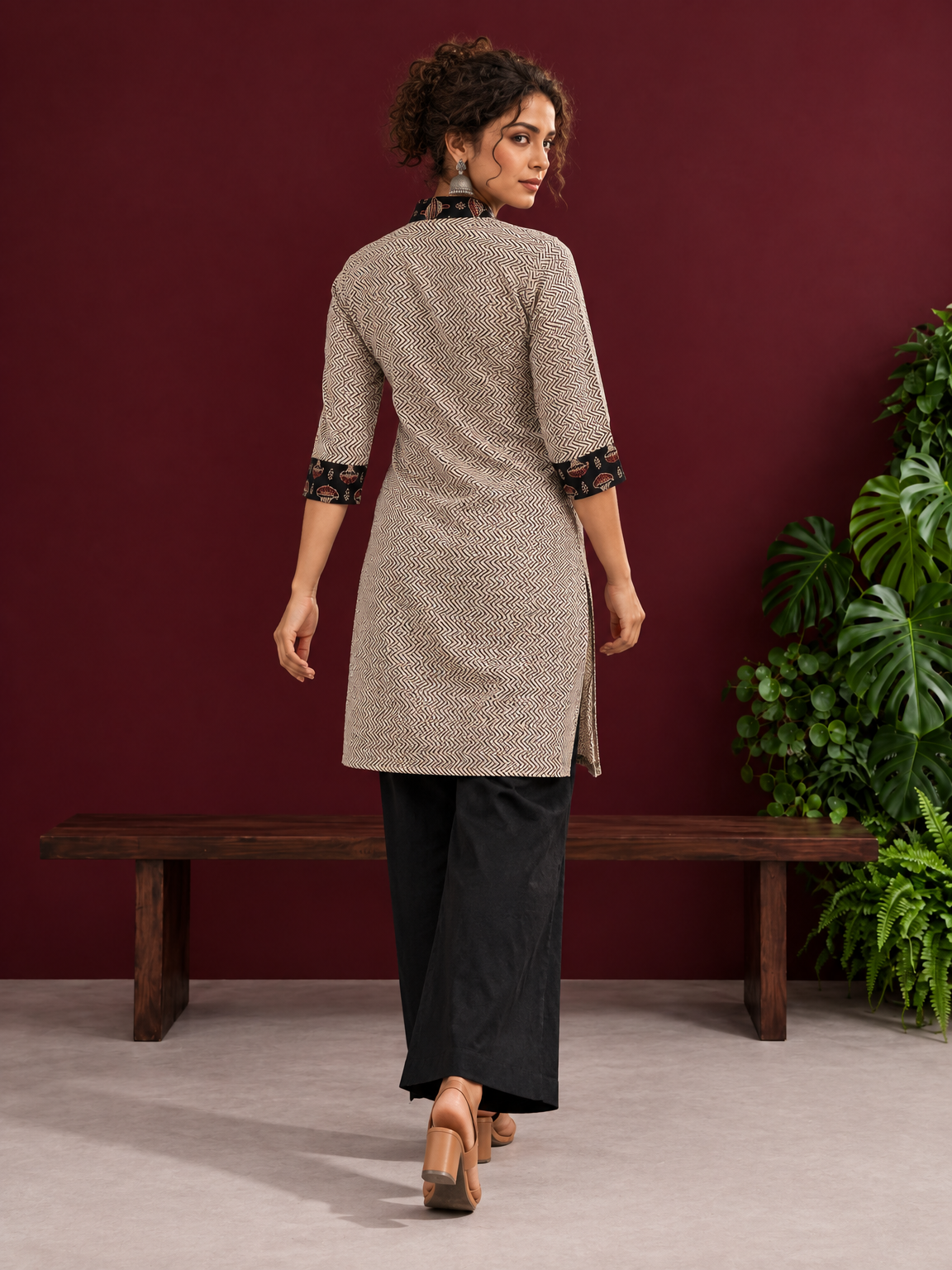 Elegant Beige Cotton Ajrakh Tunic with Contrast V-Neck & Cuff Detailing — back view