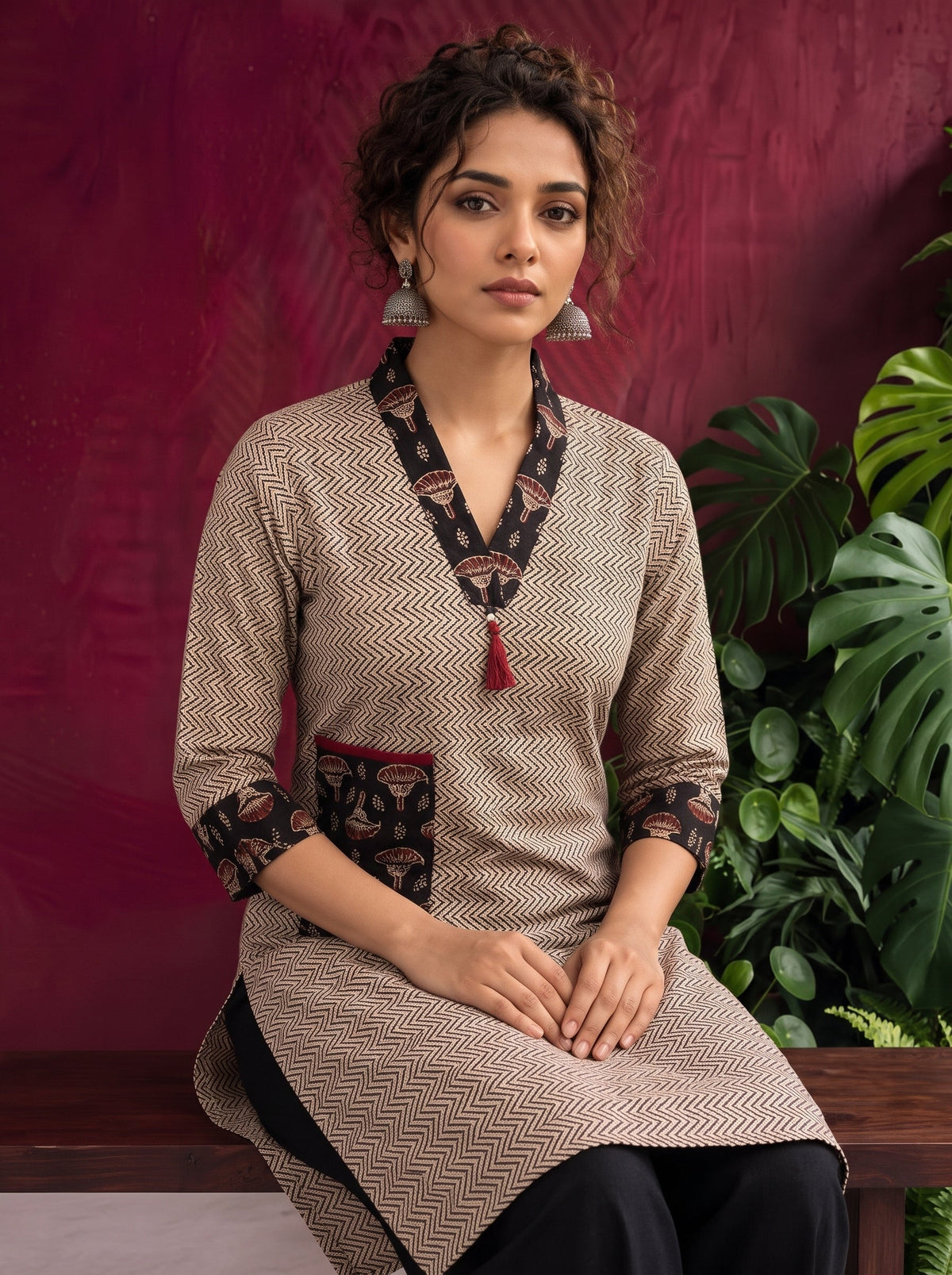Elegant Beige Cotton Ajrakh Tunic with Contrast V-Neck & Cuff Detailing — seated detail