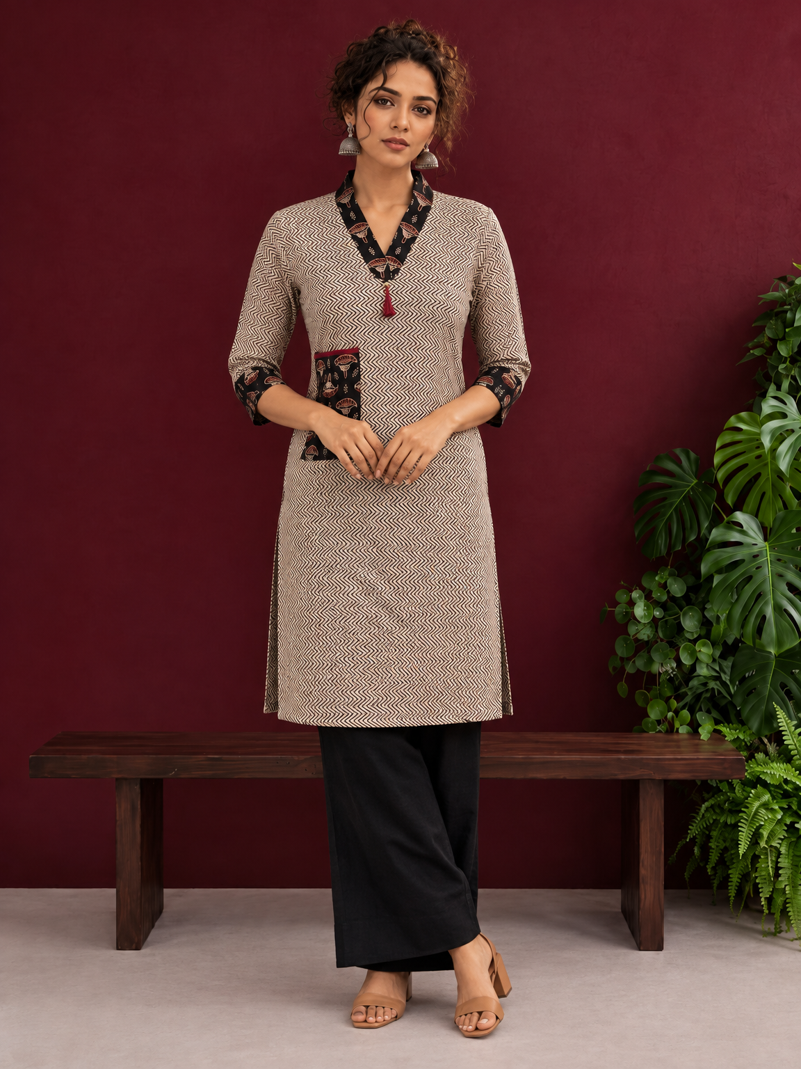 Elegant Beige Cotton Ajrakh Tunic with Contrast V-Neck & Cuff Detailing — front view