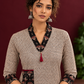 Elegant Beige Cotton Ajrakh Tunic with Contrast V-Neck & Cuff Detailing — fabric detail