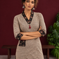 Elegant Beige Cotton Ajrakh Tunic with Contrast V-Neck & Cuff Detailing — styled view