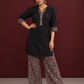 Timeless Black Cotton Tunic with Contrast Ajrakh Print V-Neck Placket & Coordinated Sleeve Cuffs — front view