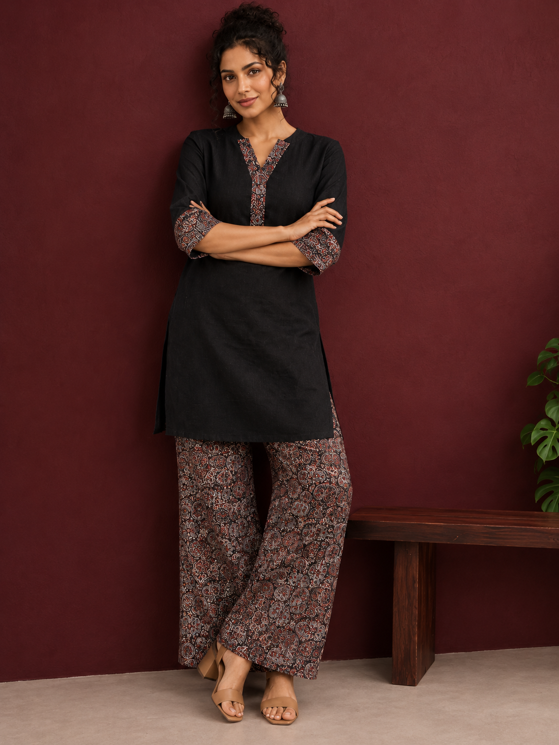Timeless Black Cotton Tunic with Contrast Ajrakh Print V-Neck Placket & Coordinated Sleeve Cuffs — side view