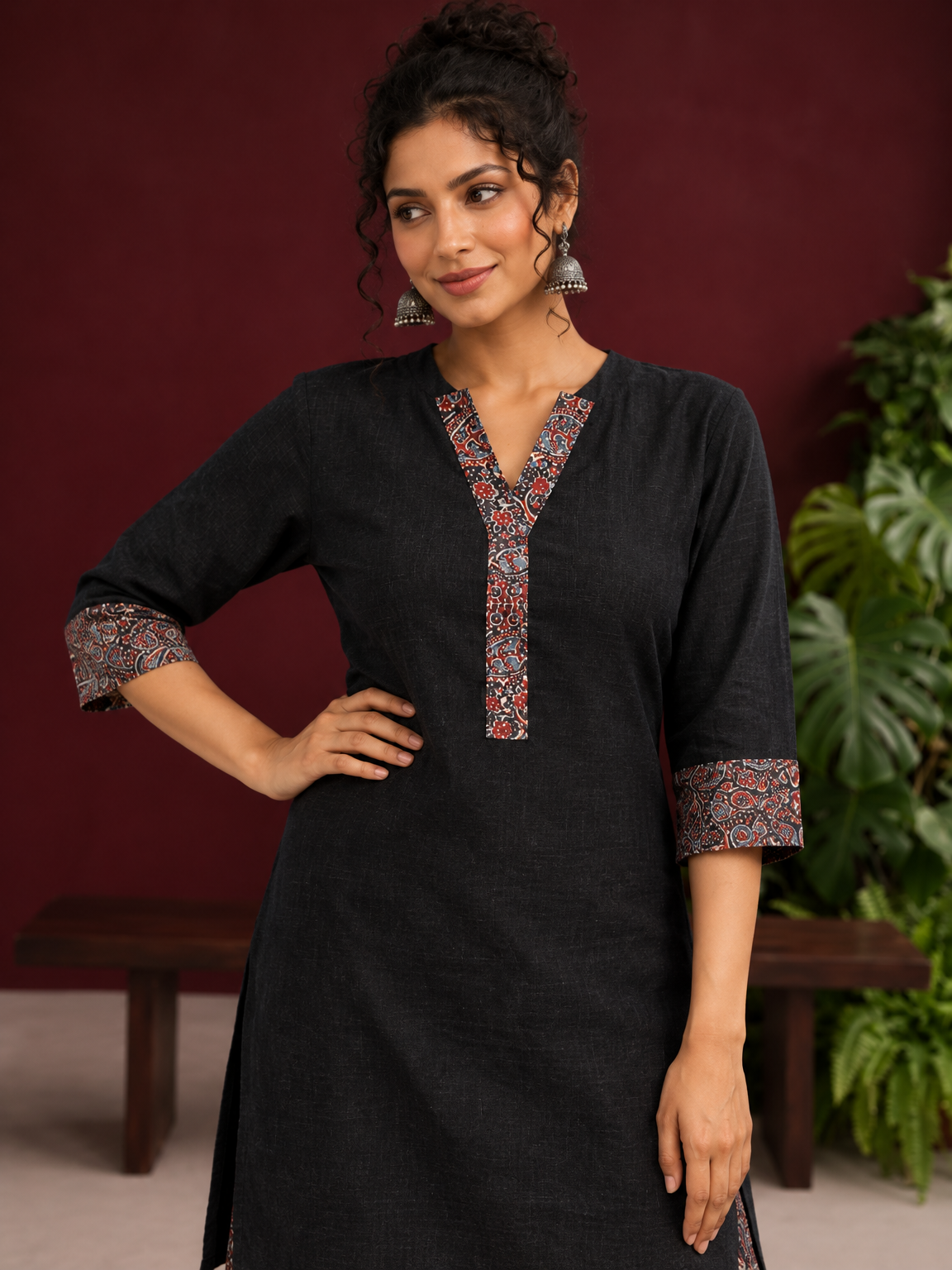 Timeless Black Cotton Tunic with Contrast Ajrakh Print V-Neck Placket & Coordinated Sleeve Cuffs — fabric detail
