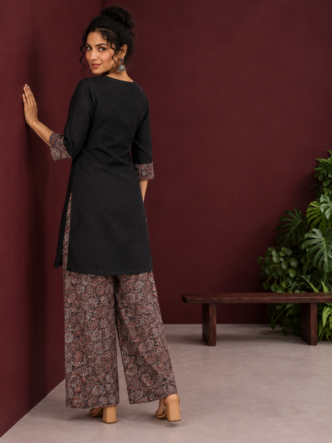 Timeless Black Cotton Tunic with Contrast Ajrakh Print V-Neck Placket & Coordinated Sleeve Cuffs — back view