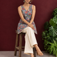 Grey Cotton Floral Printed Tunic with Lace Trim V-Neck and Sleeveless Design — seated
