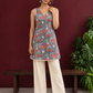 Grey Cotton Floral Printed Tunic with Lace Trim V-Neck and Sleeveless Design — front view