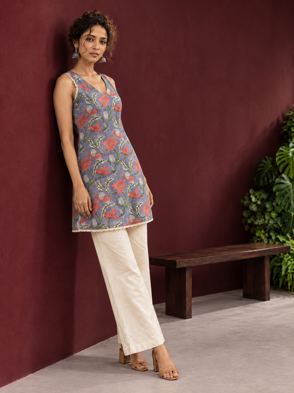 Grey Cotton Floral Printed Tunic with Lace Trim V-Neck and Sleeveless Design — side view