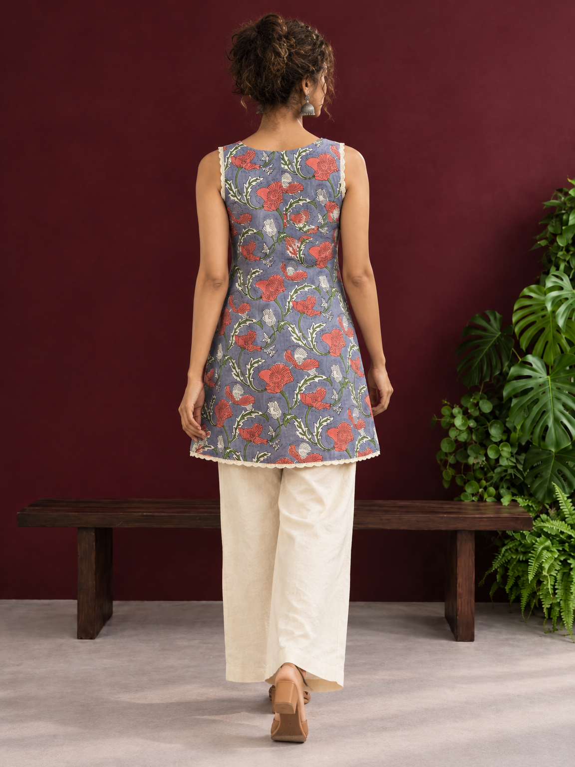 Grey Cotton Floral Printed Tunic with Lace Trim V-Neck and Sleeveless Design — in motion