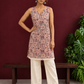 Elegant Pink Cotton Tunic with Grey & Maroon Floral Print and Lace Trim Hemline — front view