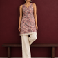 Elegant Pink Cotton Tunic with Grey & Maroon Floral Print and Lace Trim Hemline — side view