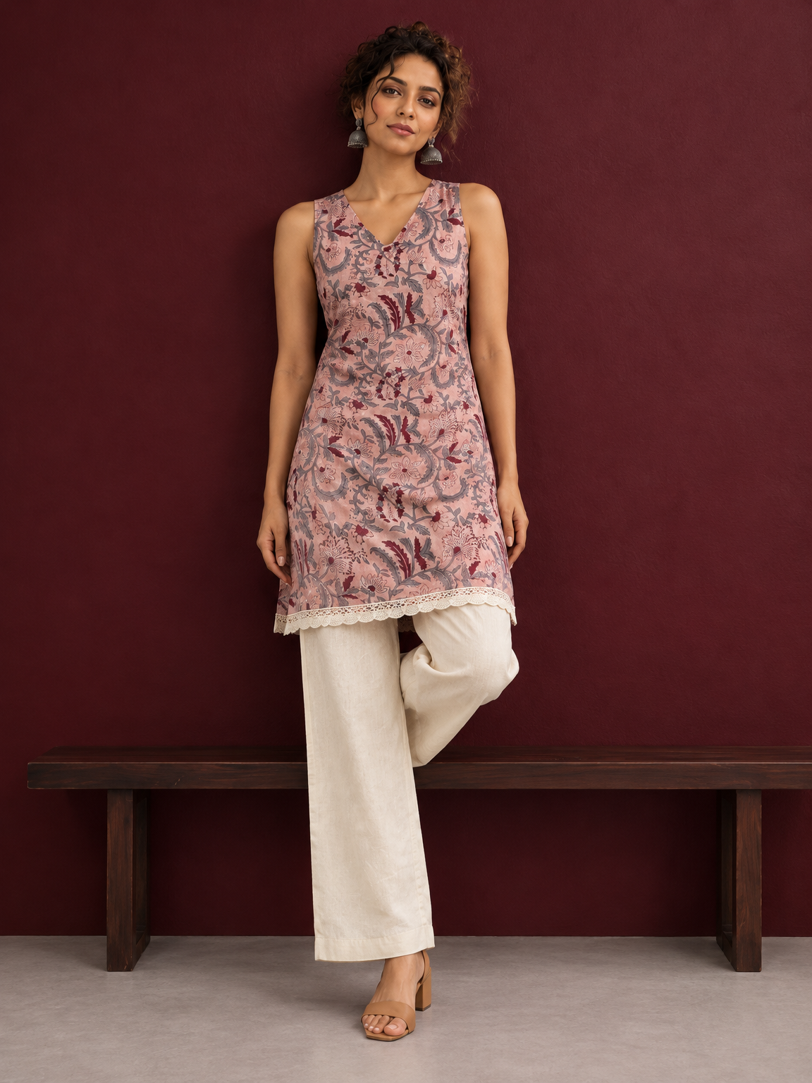 Elegant Pink Cotton Tunic with Grey & Maroon Floral Print and Lace Trim Hemline — side view