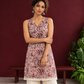 Elegant Pink Cotton Tunic with Grey & Maroon Floral Print and Lace Trim Hemline — styled view