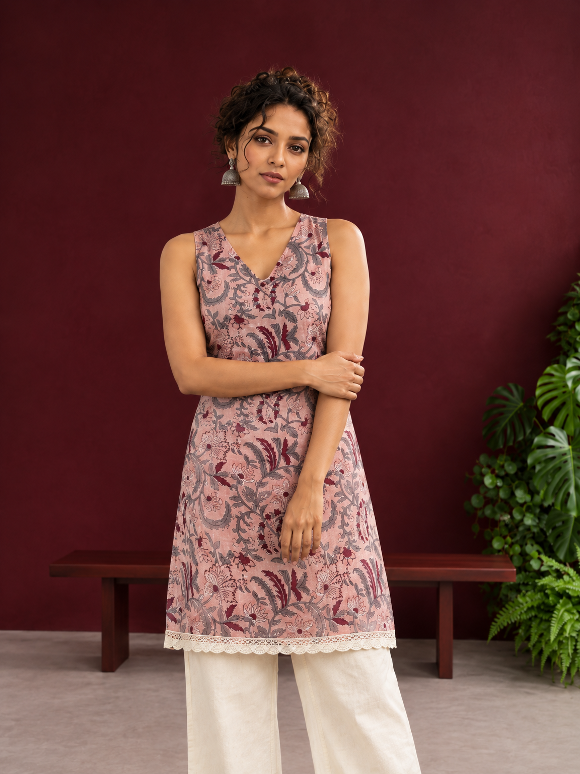 Elegant Pink Cotton Tunic with Grey & Maroon Floral Print and Lace Trim Hemline — styled view