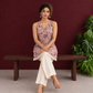 Elegant Pink Cotton Tunic with Grey & Maroon Floral Print and Lace Trim Hemline — seated
