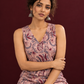 Elegant Pink Cotton Tunic with Grey & Maroon Floral Print and Lace Trim Hemline — seated detail