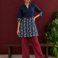Navy Blue Cotton Tunic with Fish Print Hem Panel, Contrast Maroon Piping & Red Button Detail — side view