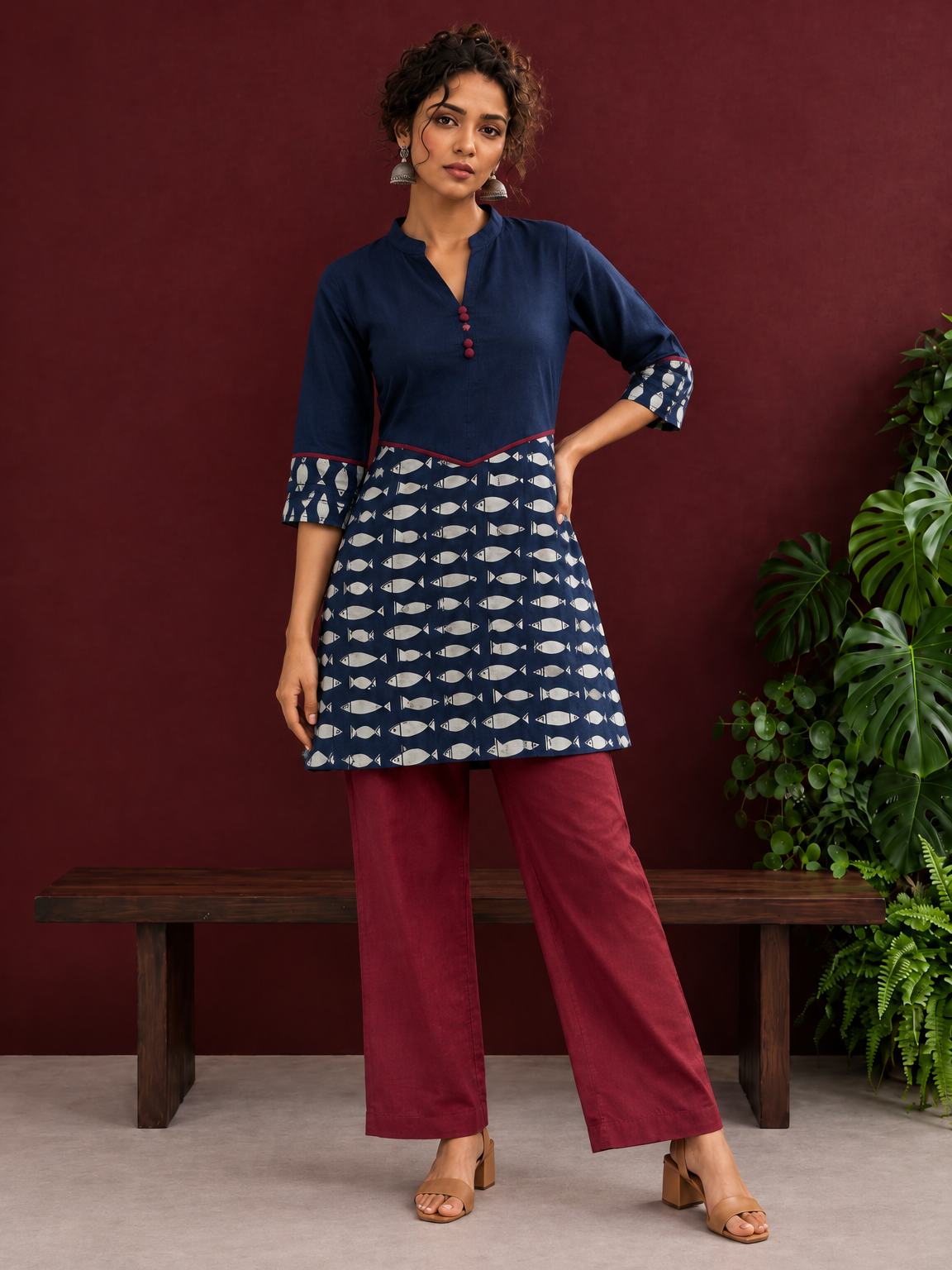 Navy Blue Cotton Tunic with Fish Print Hem Panel, Contrast Maroon Piping & Red Button Detail — side view