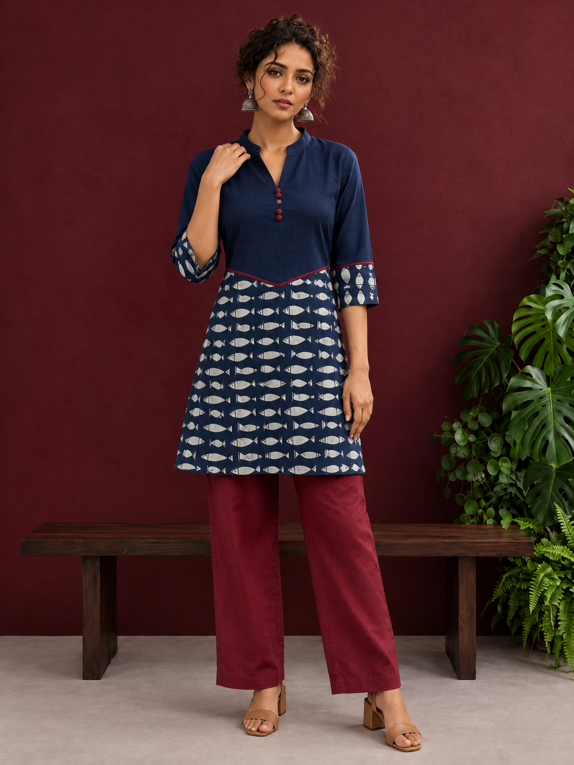 Navy Blue Cotton Tunic with Fish Print Hem Panel, Contrast Maroon Piping & Red Button Detail — front view