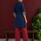 Navy Blue Cotton Tunic with Fish Print Hem Panel, Contrast Maroon Piping & Red Button Detail — back view