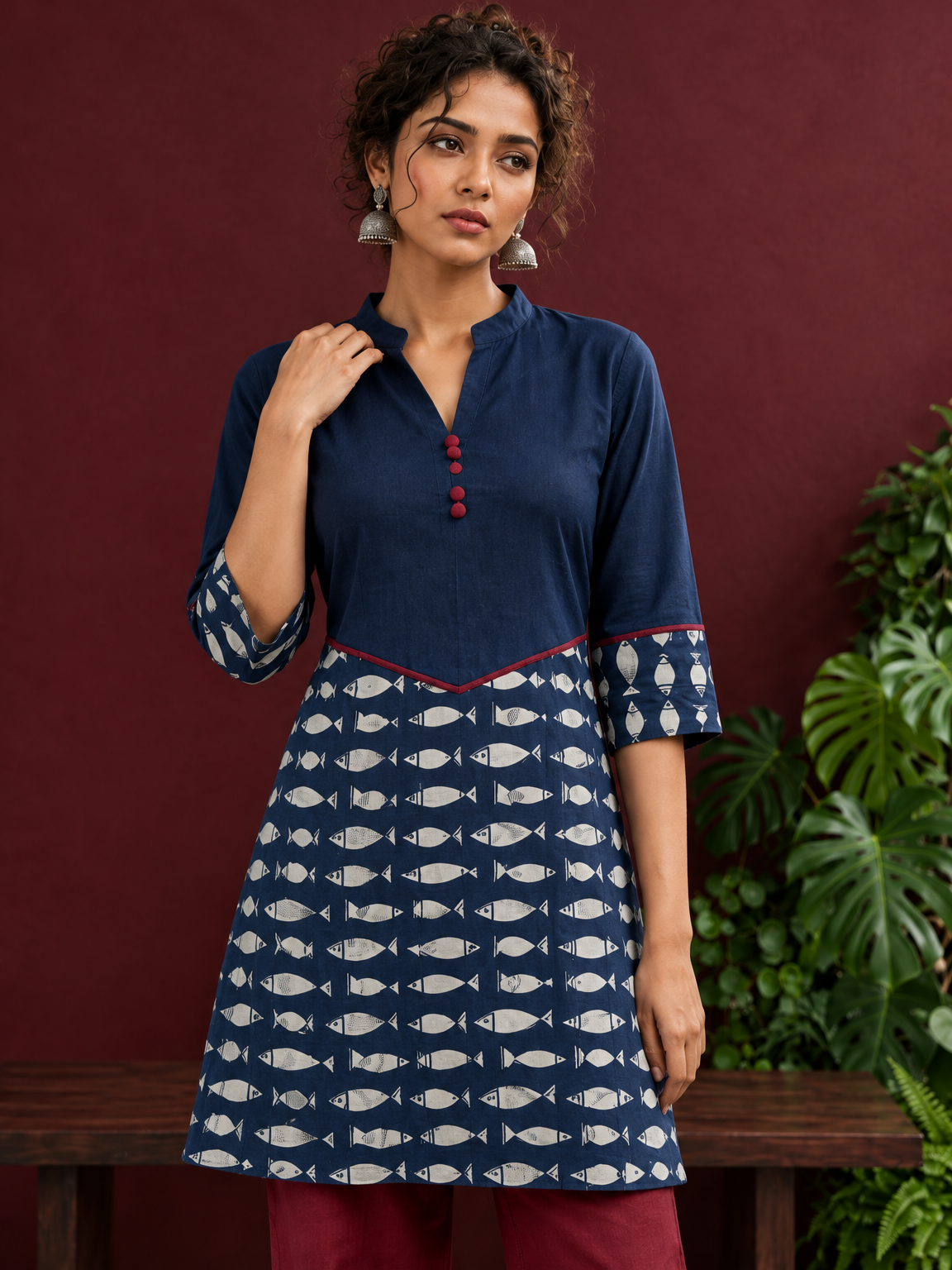 Navy Blue Cotton Tunic with Fish Print Hem Panel, Contrast Maroon Piping & Red Button Detail — styled view