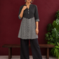 Classic Black & White Pinstripe Tunic with Contrast Striped Panel and Mandarin Collar — front view