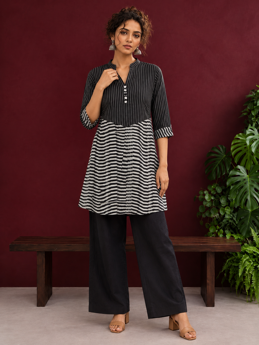 Classic Black & White Pinstripe Tunic with Contrast Striped Panel and Mandarin Collar — front view