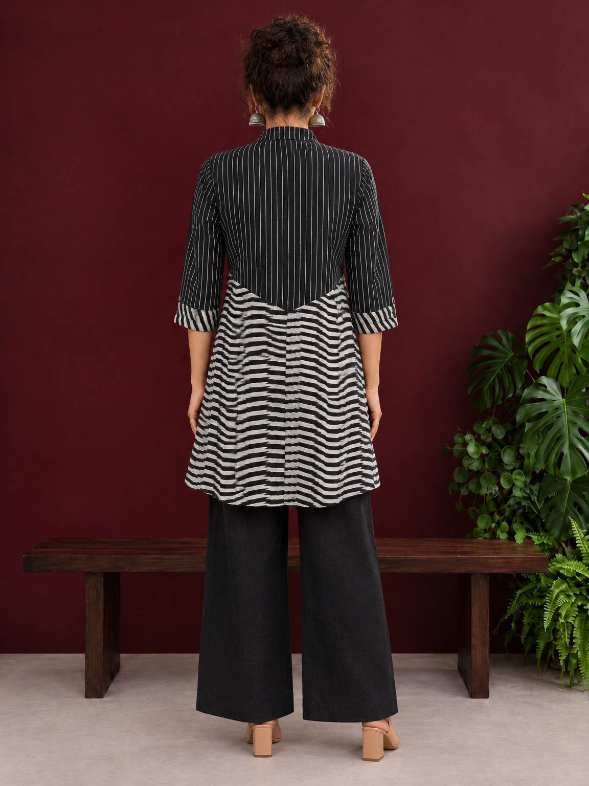 Classic Black & White Pinstripe Tunic with Contrast Striped Panel and Mandarin Collar — back view