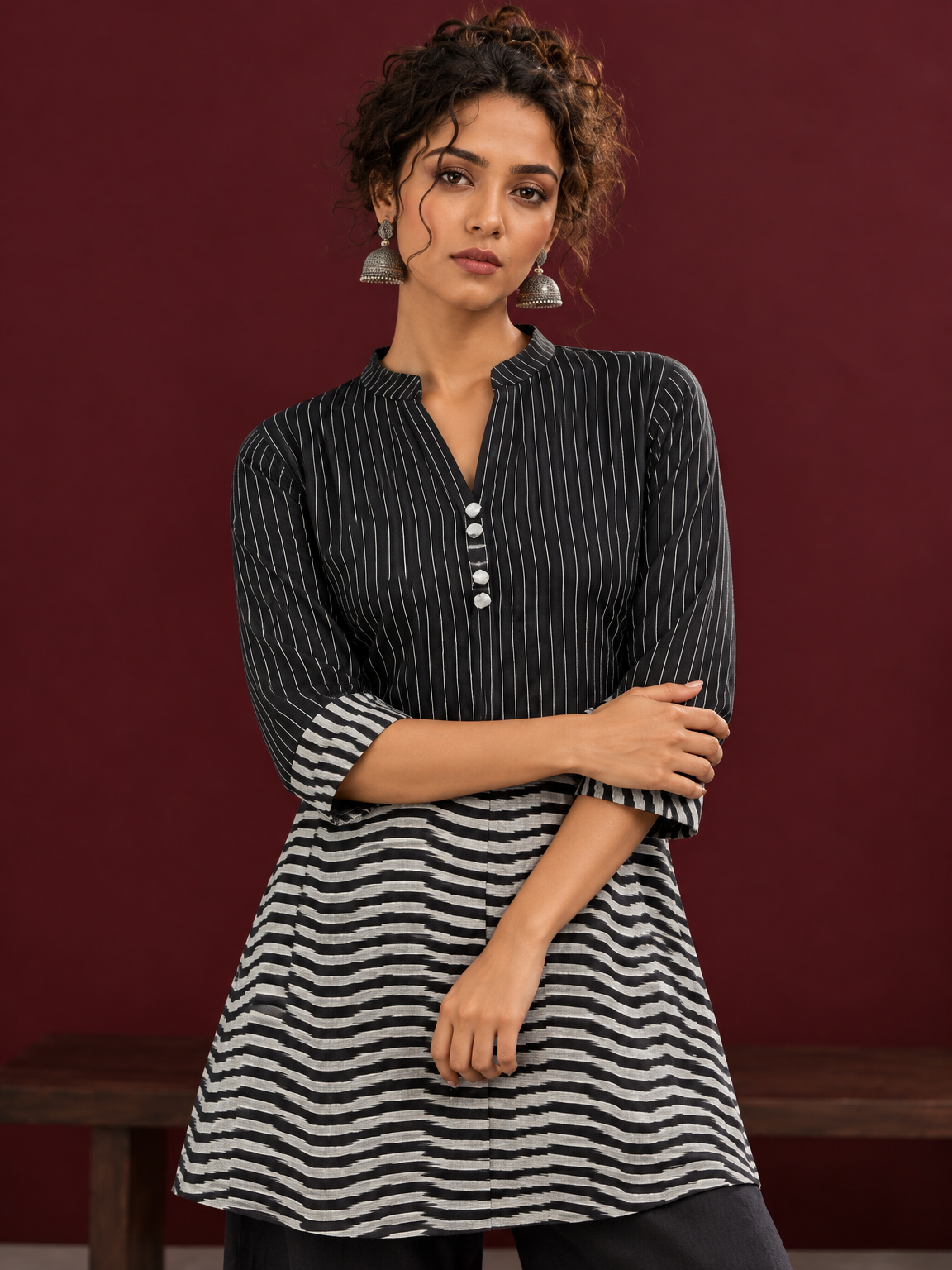 Classic Black & White Pinstripe Tunic with Contrast Striped Panel and Mandarin Collar — styled view