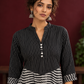 Classic Black & White Pinstripe Tunic with Contrast Striped Panel and Mandarin Collar — fabric detail