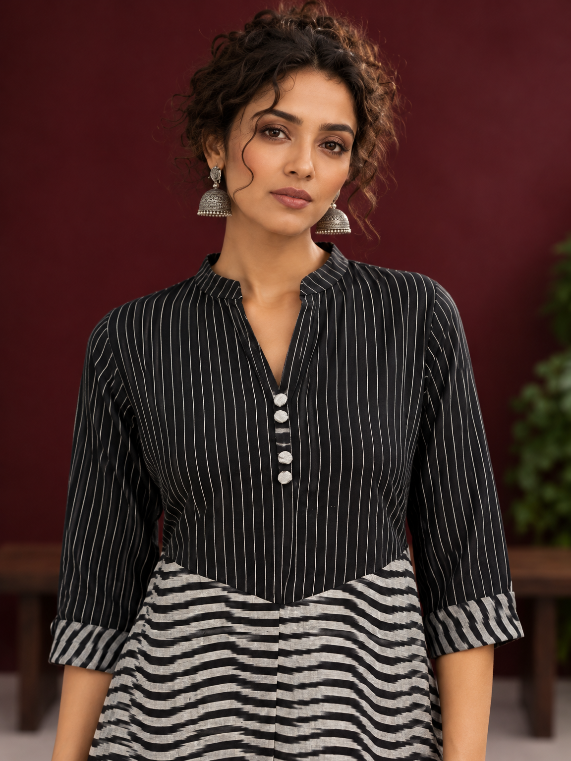 Classic Black & White Pinstripe Tunic with Contrast Striped Panel and Mandarin Collar — fabric detail