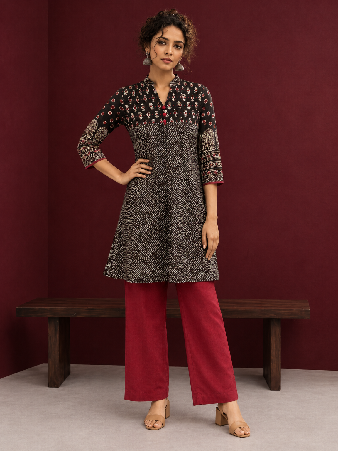 Classic Black Cotton Ajrakh Tunic — front view