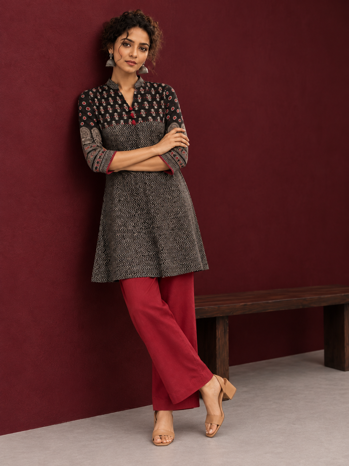Classic Black Cotton Ajrakh Tunic — side view