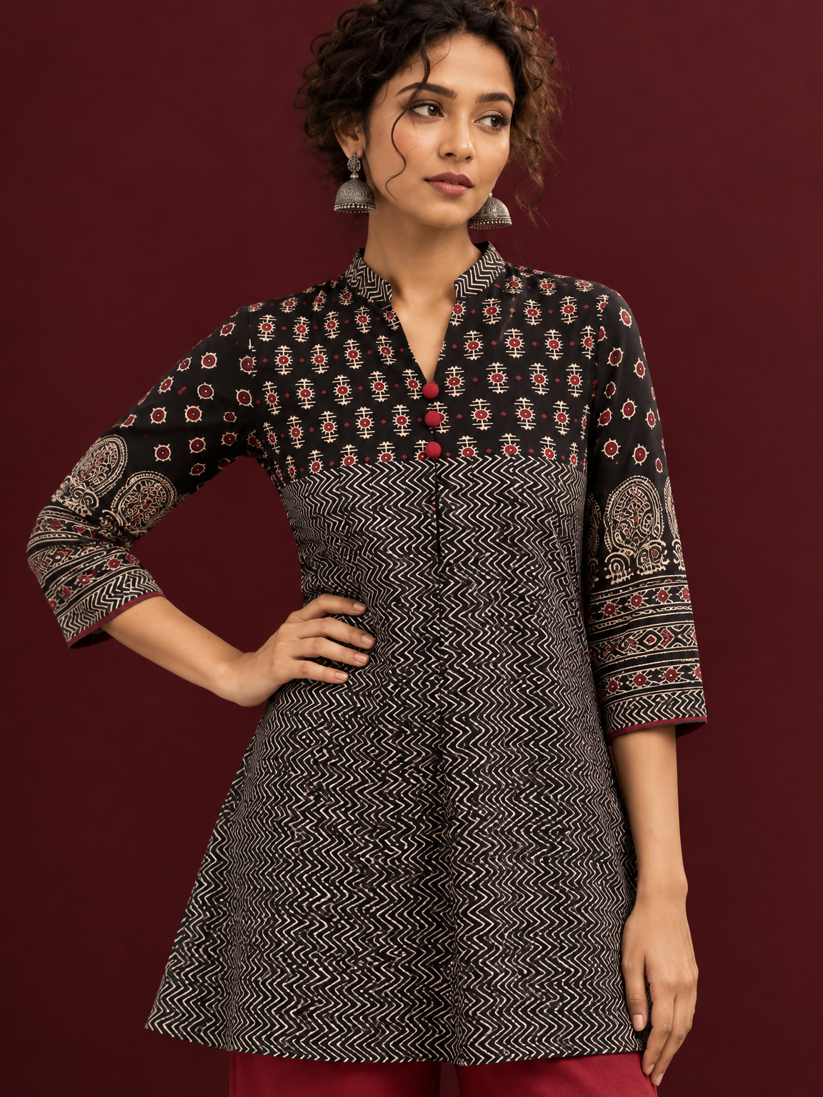 Classic Black Cotton Ajrakh Tunic — fabric detail