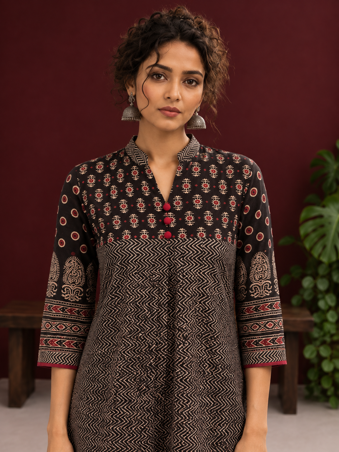Classic Black Cotton Ajrakh Tunic — styled view