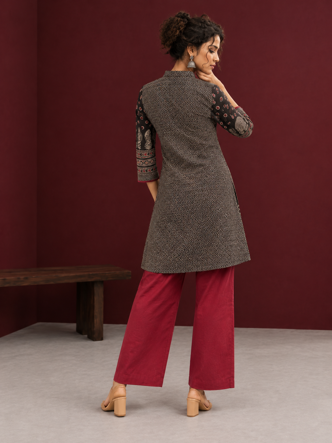 Classic Black Cotton Ajrakh Tunic — back view
