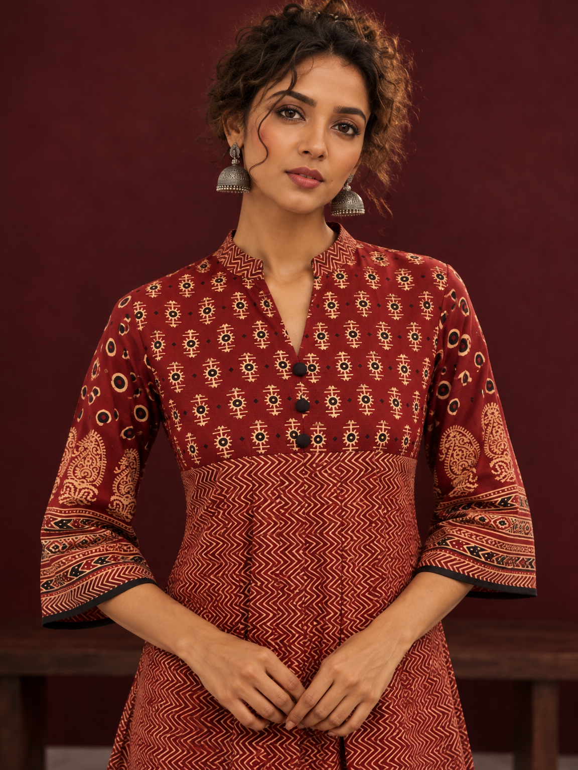 Timeless Maroon Ajrakh Tunic — fabric detail