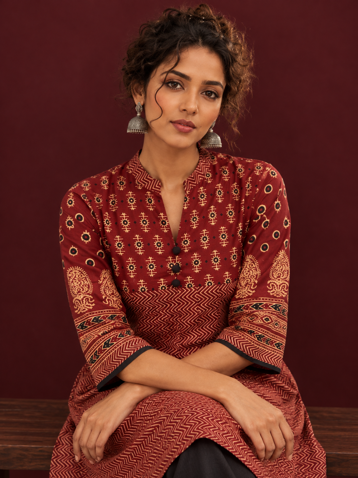 Timeless Maroon Ajrakh Tunic — seated detail