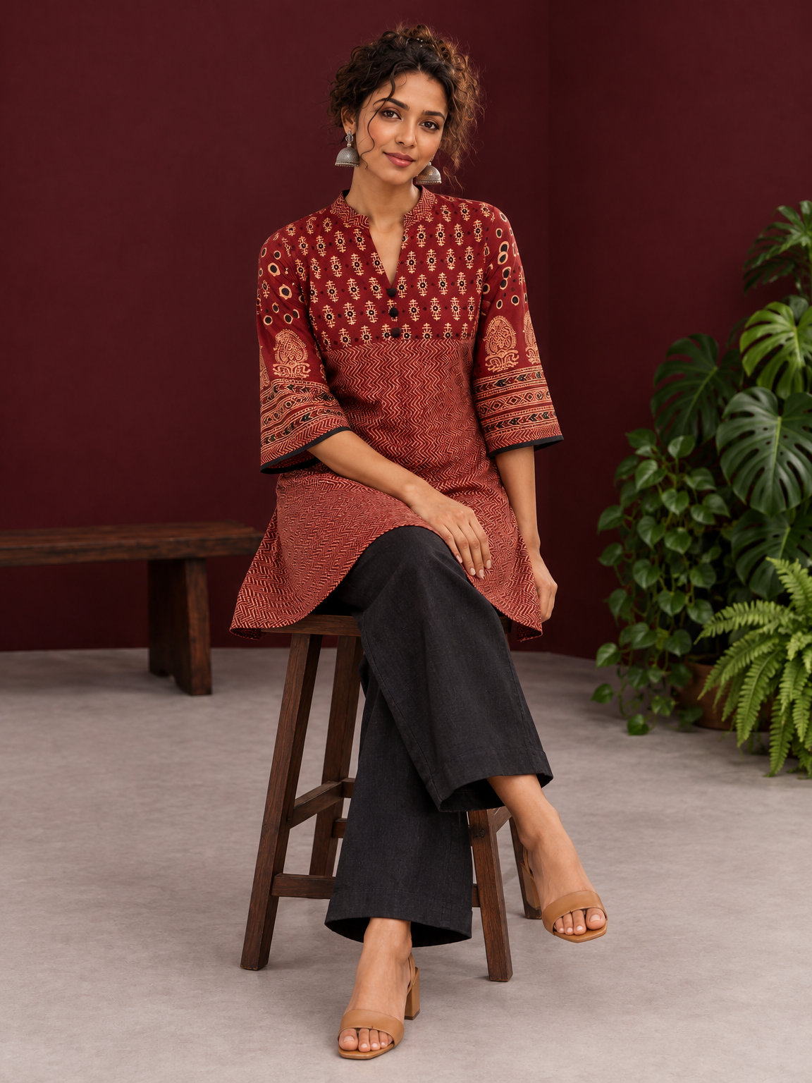 Timeless Maroon Ajrakh Tunic — seated