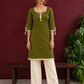 Timeless Olive Green Cotton Tunic with Tasseled Tie-Up Neckline and Contrast Lace Hem Border — front view