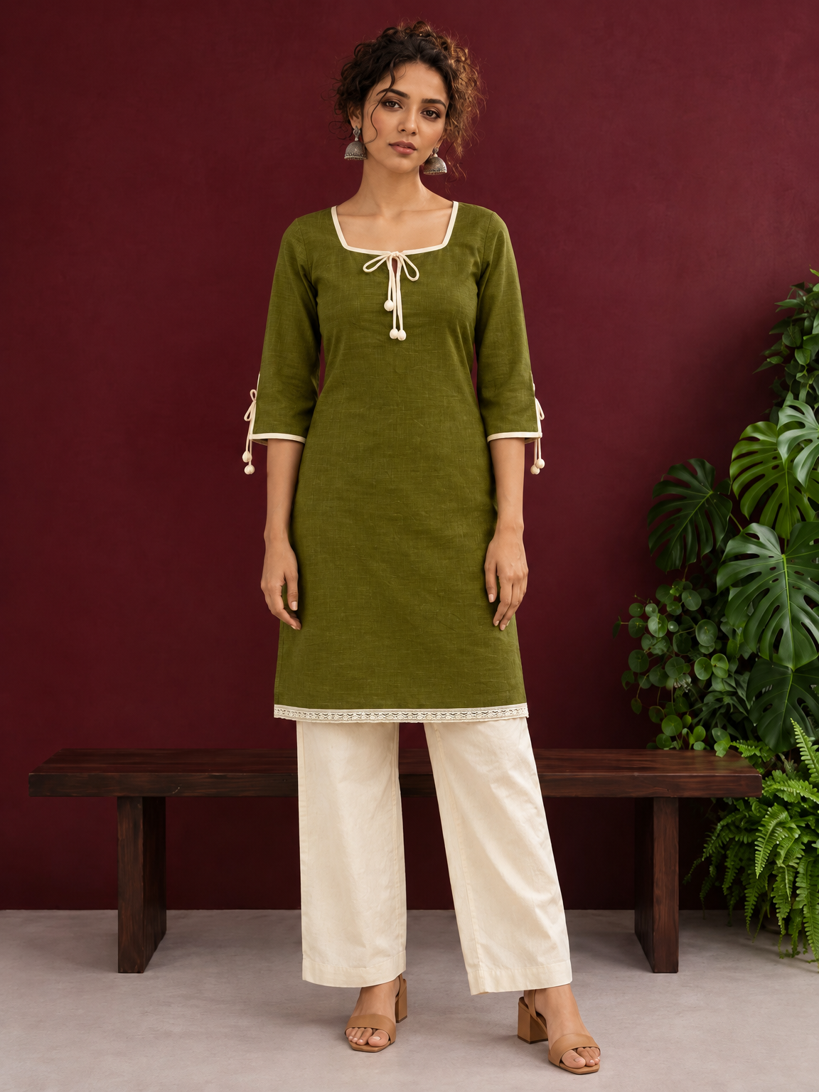 Timeless Olive Green Cotton Tunic with Tasseled Tie-Up Neckline and Contrast Lace Hem Border — front view