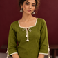 Timeless Olive Green Cotton Tunic with Tasseled Tie-Up Neckline and Contrast Lace Hem Border — fabric detail