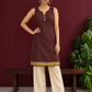 Elegant Brown Cotton Silk Sleeveless Kurta with Gold Zari Border and Notched Neckline — front view