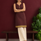 Elegant Brown Cotton Silk Sleeveless Kurta with Gold Zari Border and Notched Neckline — side view