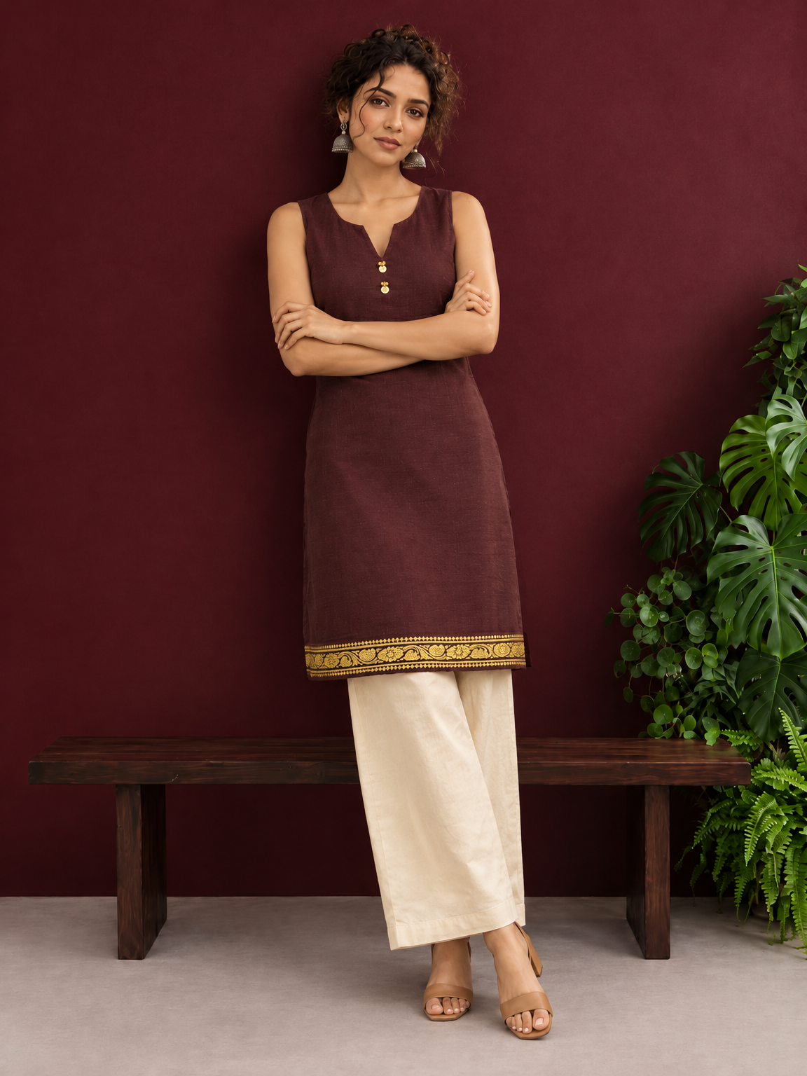 Elegant Brown Cotton Silk Sleeveless Kurta with Gold Zari Border and Notched Neckline — side view