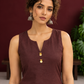 Elegant Brown Cotton Silk Sleeveless Kurta with Gold Zari Border and Notched Neckline — fabric detail