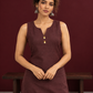 Elegant Brown Cotton Silk Sleeveless Kurta with Gold Zari Border and Notched Neckline — styled view