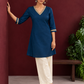 Elegant Teal Blue Cotton Tunic with Embellished Gold Lace V-Neckline and Matching Sleeve Cuffs — front view
