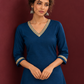 Elegant Teal Blue Cotton Tunic with Embellished Gold Lace V-Neckline and Matching Sleeve Cuffs — fabric detail