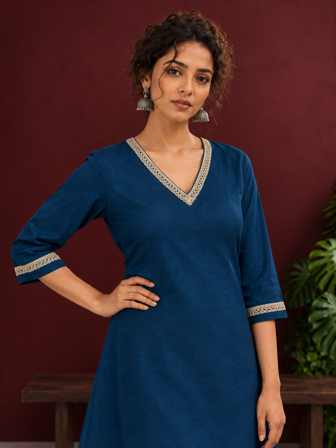 Elegant Teal Blue Cotton Tunic with Embellished Gold Lace V-Neckline and Matching Sleeve Cuffs — styled view